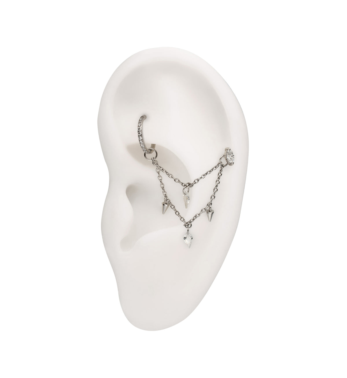 Platinum PVD Cone and Dart CZ Dangle Titanium Double Connecting Piercing Chain