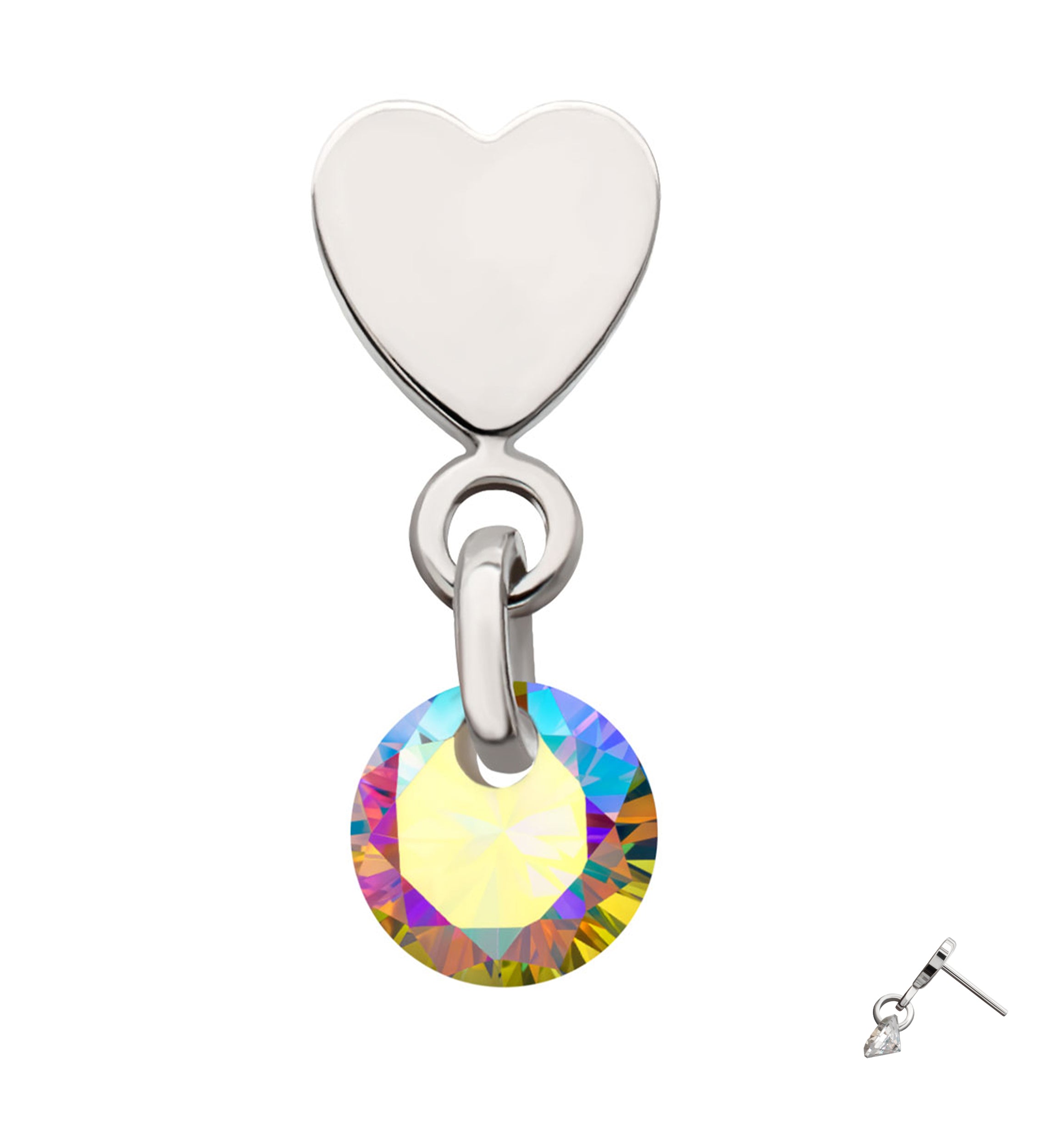 Platinum PVD Heart With Rainbow Aurora CZ Dangle Titanium Threadless Top