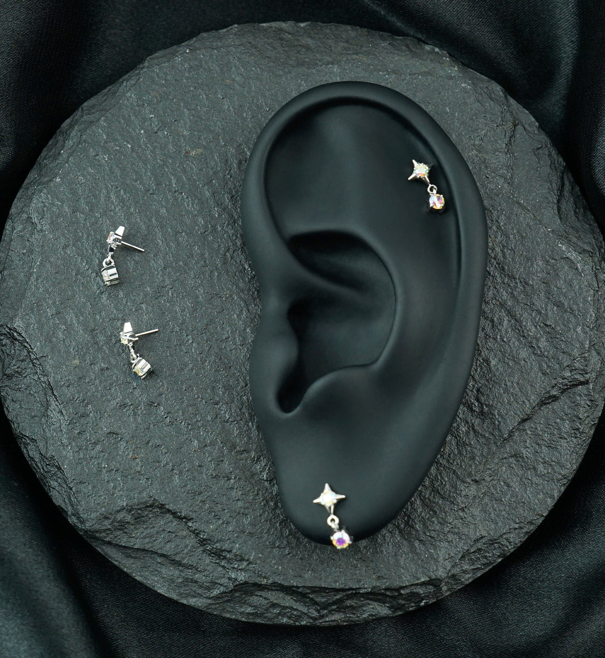 Platinum PVD Starlight Rainbow Aurora CZ Hanging Gem Titanium Threadless Top