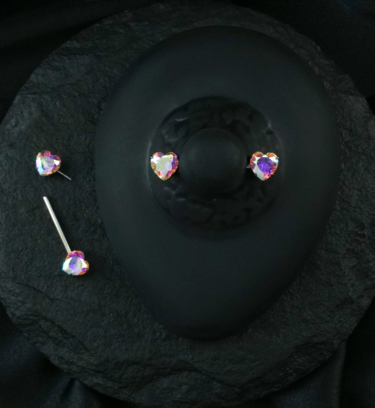 Prong Heart Rainbow Aurora CZ Threadless Titanium Nipple Barbell