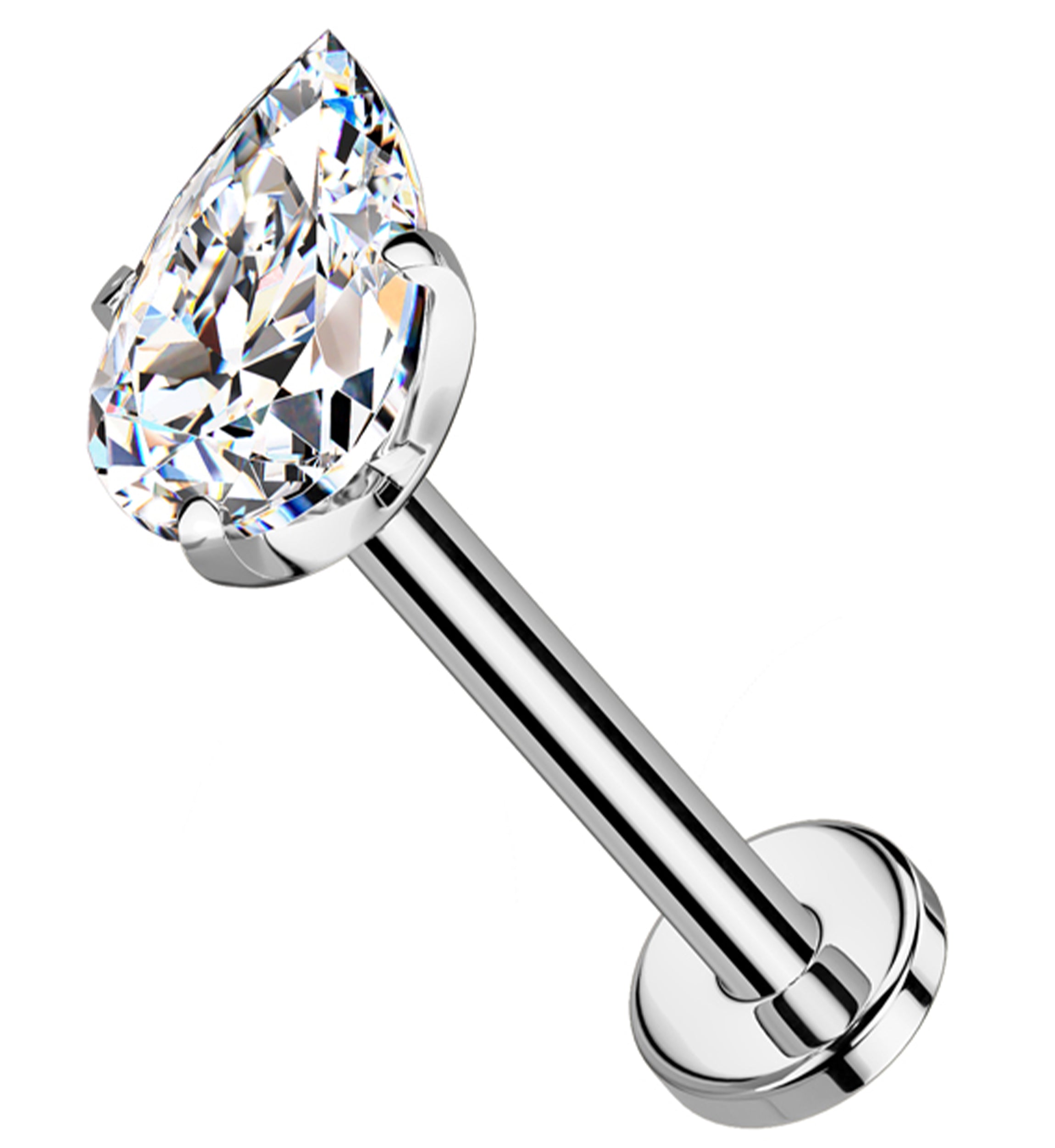 Prong Teardrop Clear CZ Threadless Titanium Flat Disk Labret