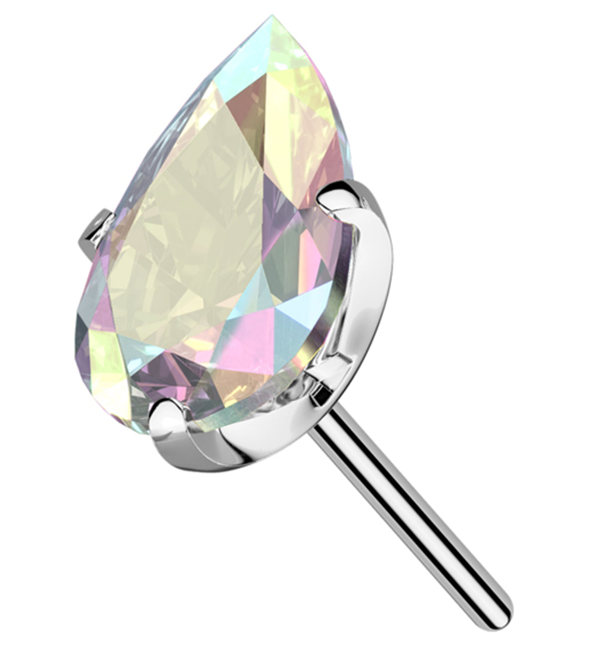 Prong Teardrop Rainbow Aurora CZ Titanium Threadless Top
