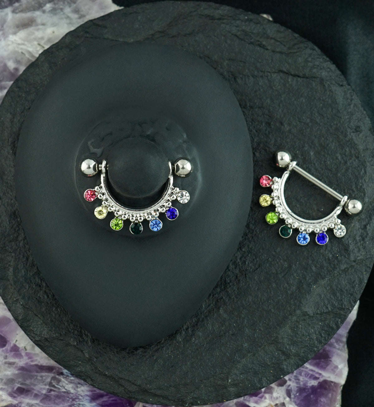 Rainbow CZ Beads Nipple Ring Barbell