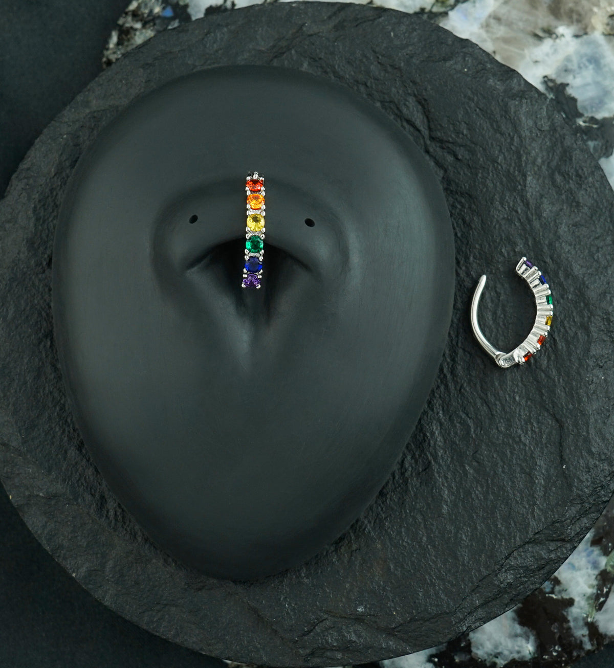 Rainbow Prong CZ Stainless Steel Hinged Belly Button Ring
