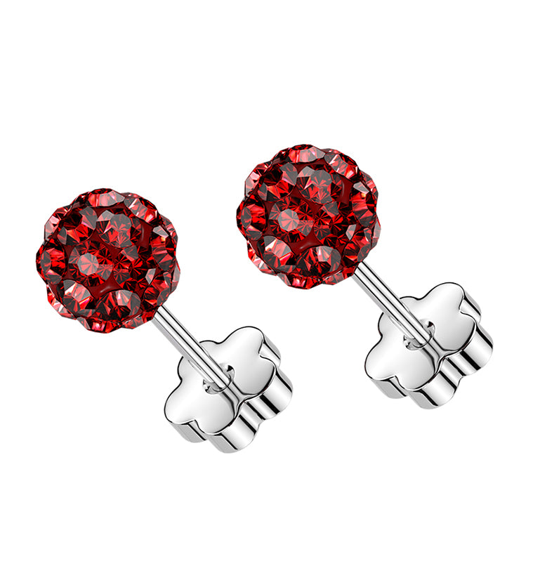 Red Glitterball Stainless Steel Flower Back Stud Earrings