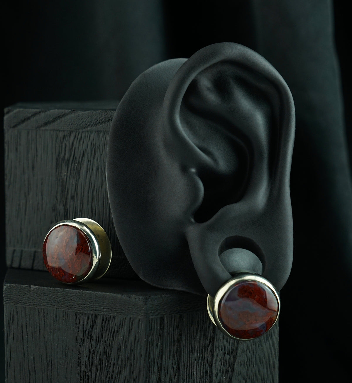 Red Moss Agate Stone Disk White Brass Ear Weights