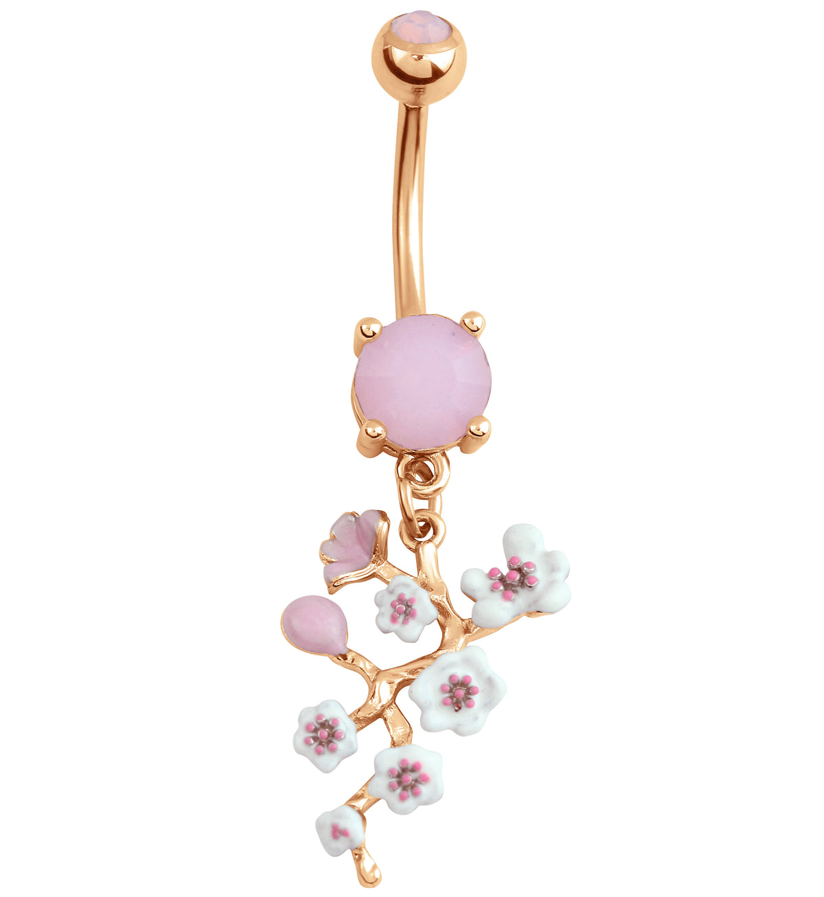 Rose Gold PVD Cherry Blossom Vine Rose Quartz CZ Stainless Steel Belly Button Ring