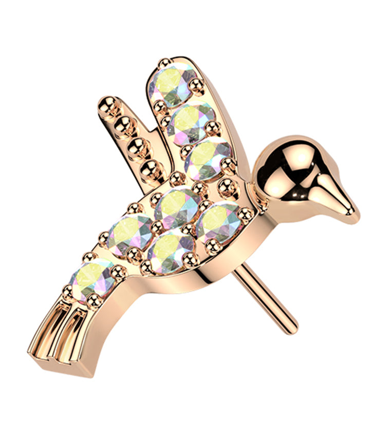 Rose Gold PVD Hummingbird Rainbow Aurora CZ Titanium Threadless Top