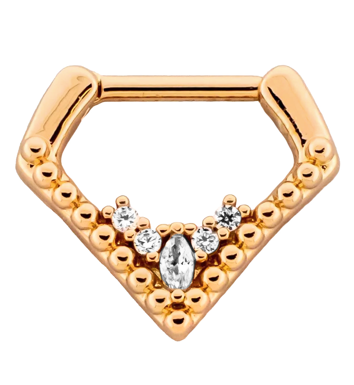 Rose Gold PVD Point Beaded Clear CZ Cluster Stainless Steel Hinged Segment Ring
