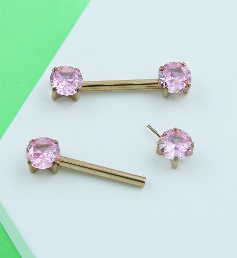 Rose Gold PVD Prong Pink CZ Threadless Titanium Nipple Barbells