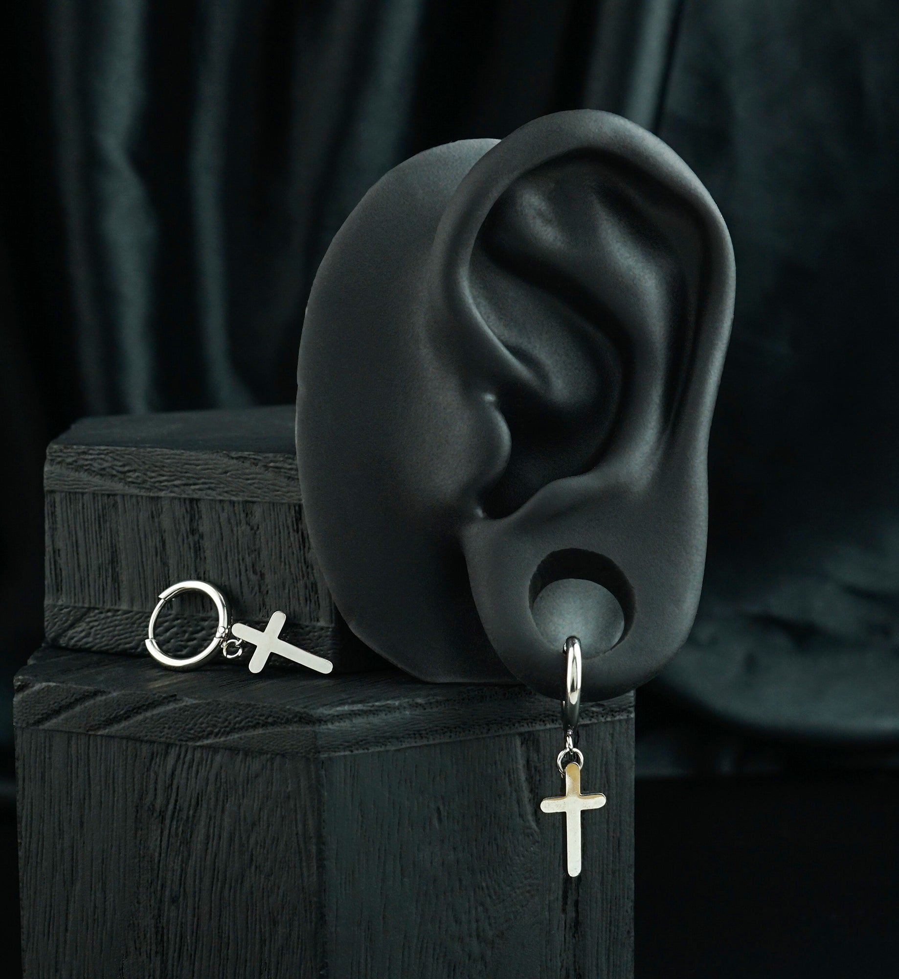 Rounded Cross Stainless Steel Hinged Hoop Huggie Dangle Earrings