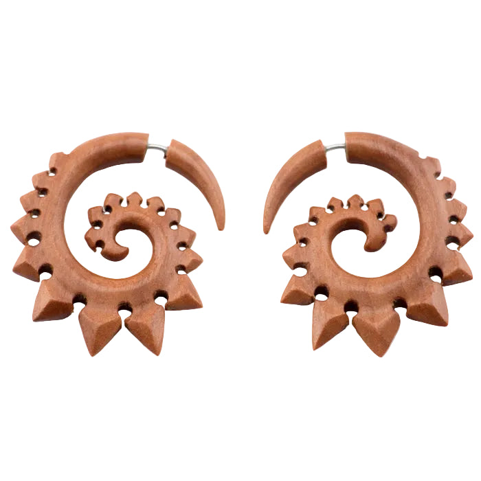 Tribal Spade Wooden Spiral Fake Gauges Earrings