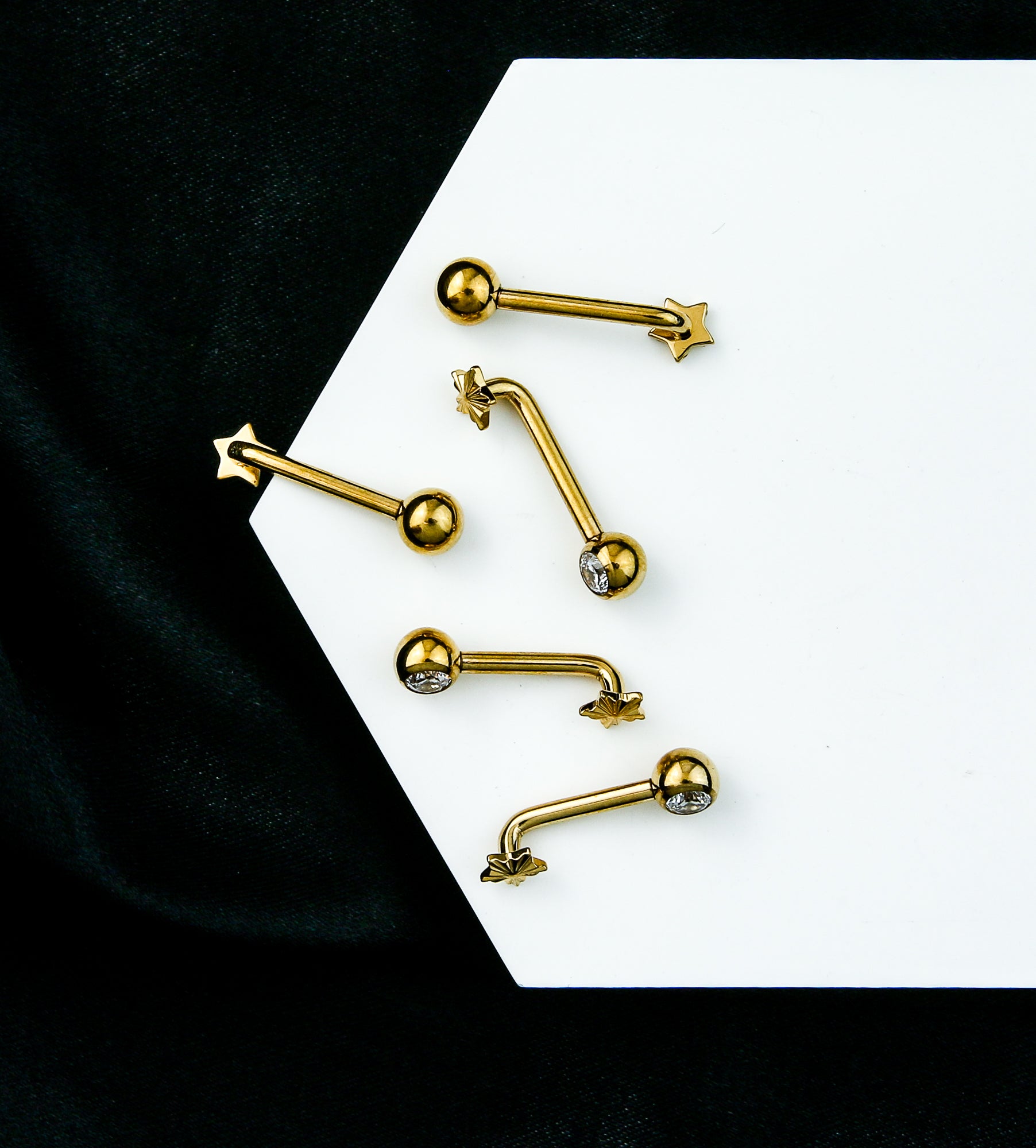 Gold PVD Score Star Clear CZ Vertical Clitoral Hood Internally Threaded Titanium Barbell