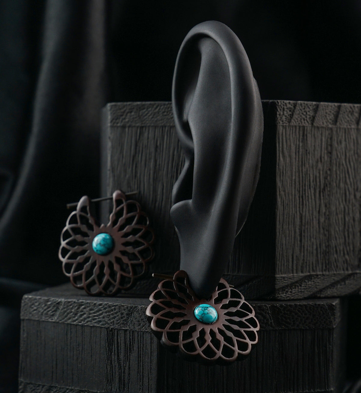 Seed of Life Howlite Turquoise Inlay Narra Wood Earrings