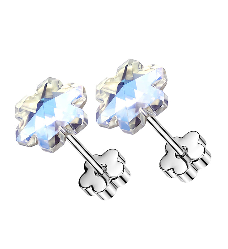 Snowflake Iridescent CZ Stainless Steel Flower Back Stud Earrings