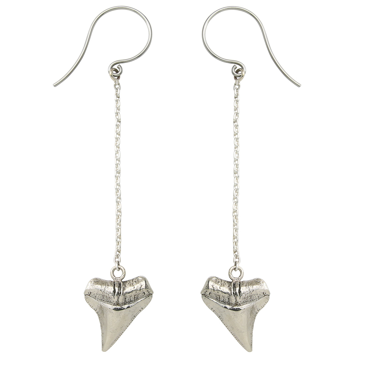 Shark Tooth White Brass Dangle Chain Titanium Earrings by Urban Body Jewelry