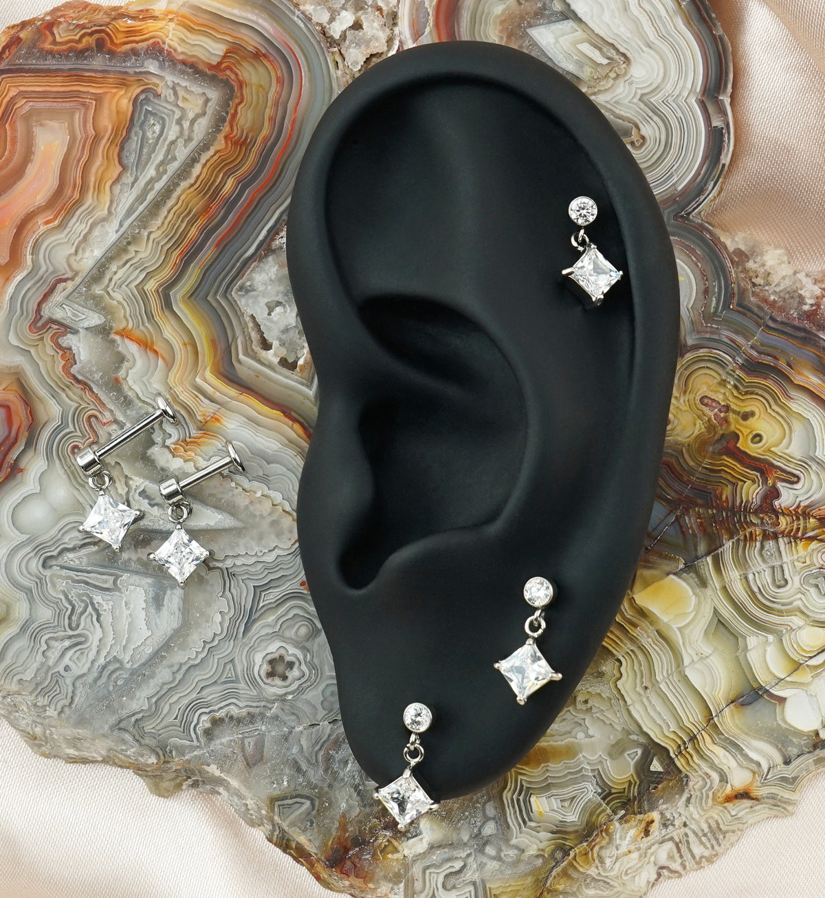 Square CZ Dangle Internally Threaded Stainless Steel Labret