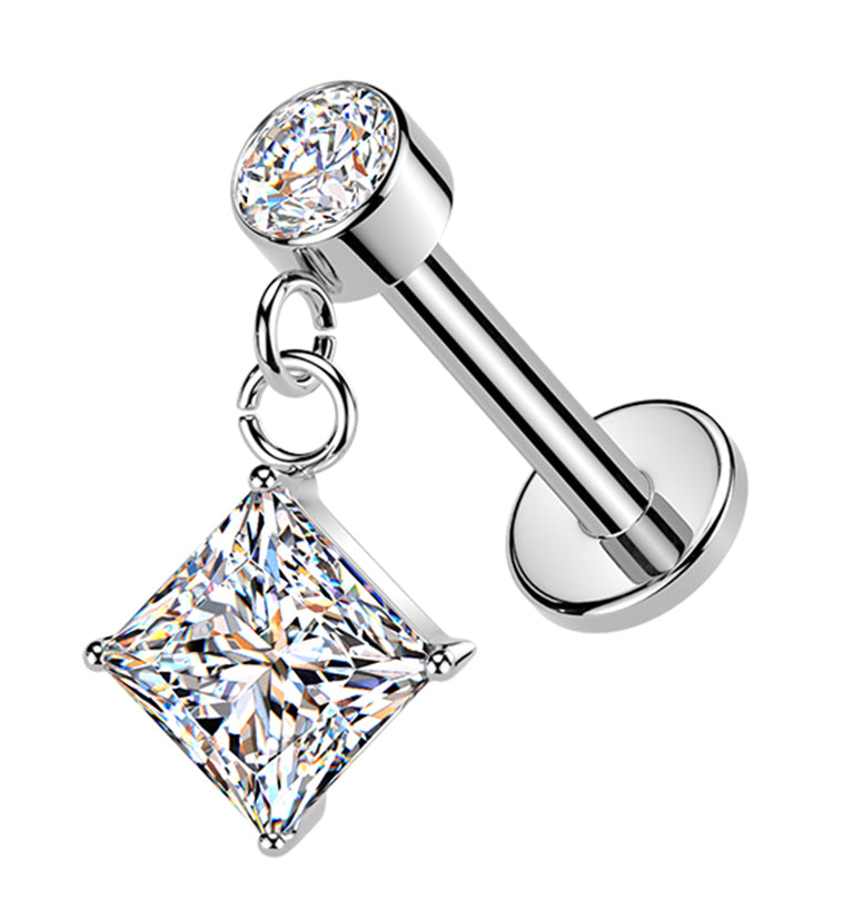 Square CZ Dangle Internally Threaded Stainless Steel Labret