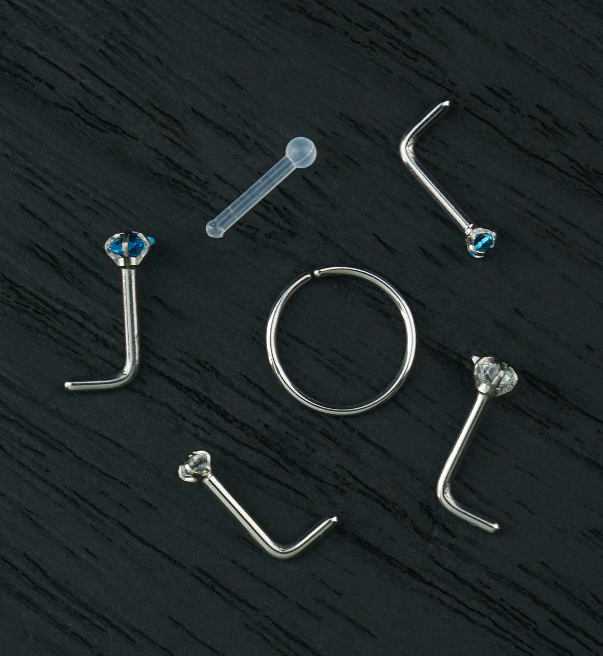 Star Clear/Aqua CZ Stainless Steel L Bend/Stud/Hoop Variety Pack (6 Pack)