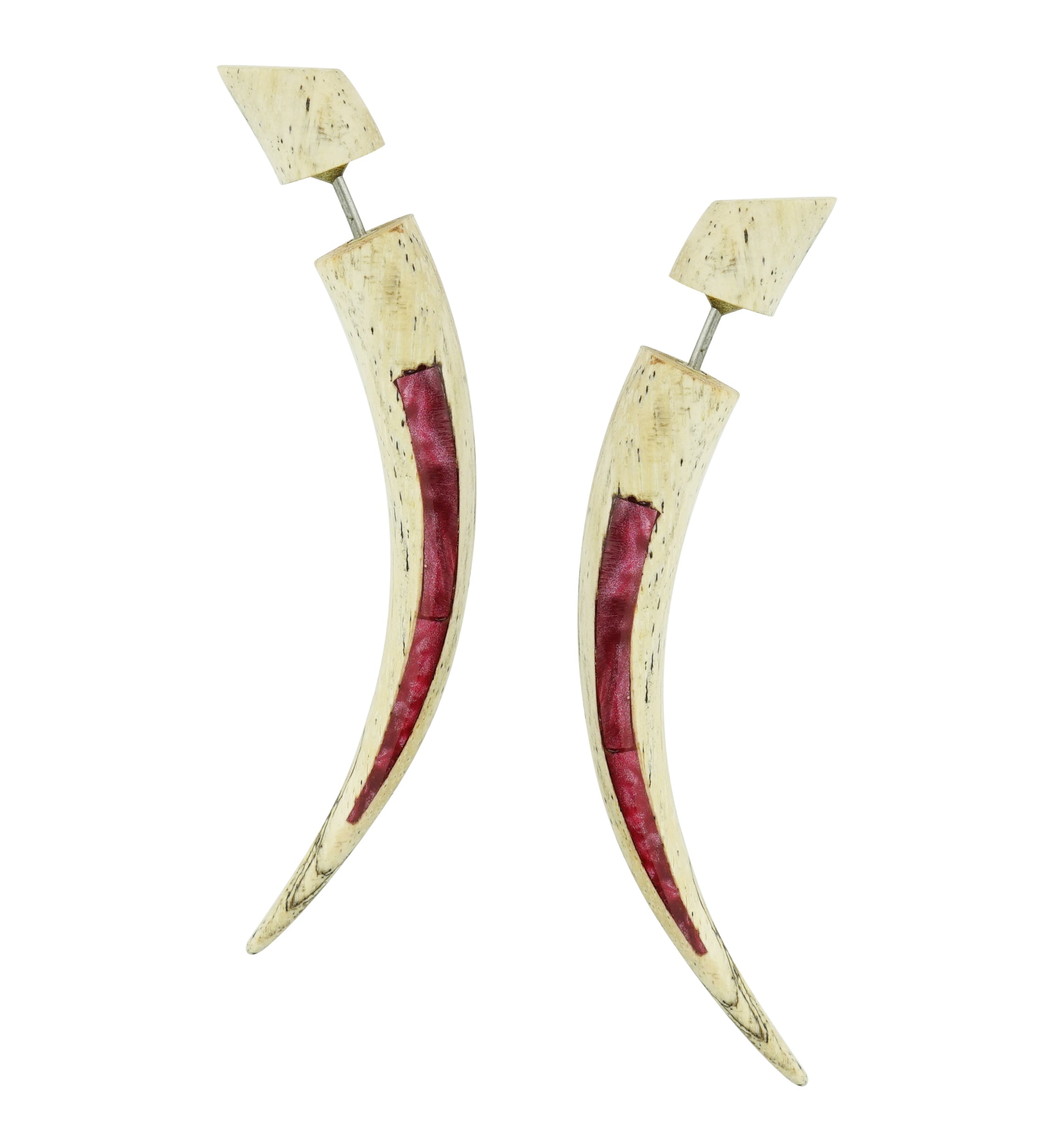 Tamarind Wooden Taper with Magenta Resin Inlay Fake Gauges Earrings