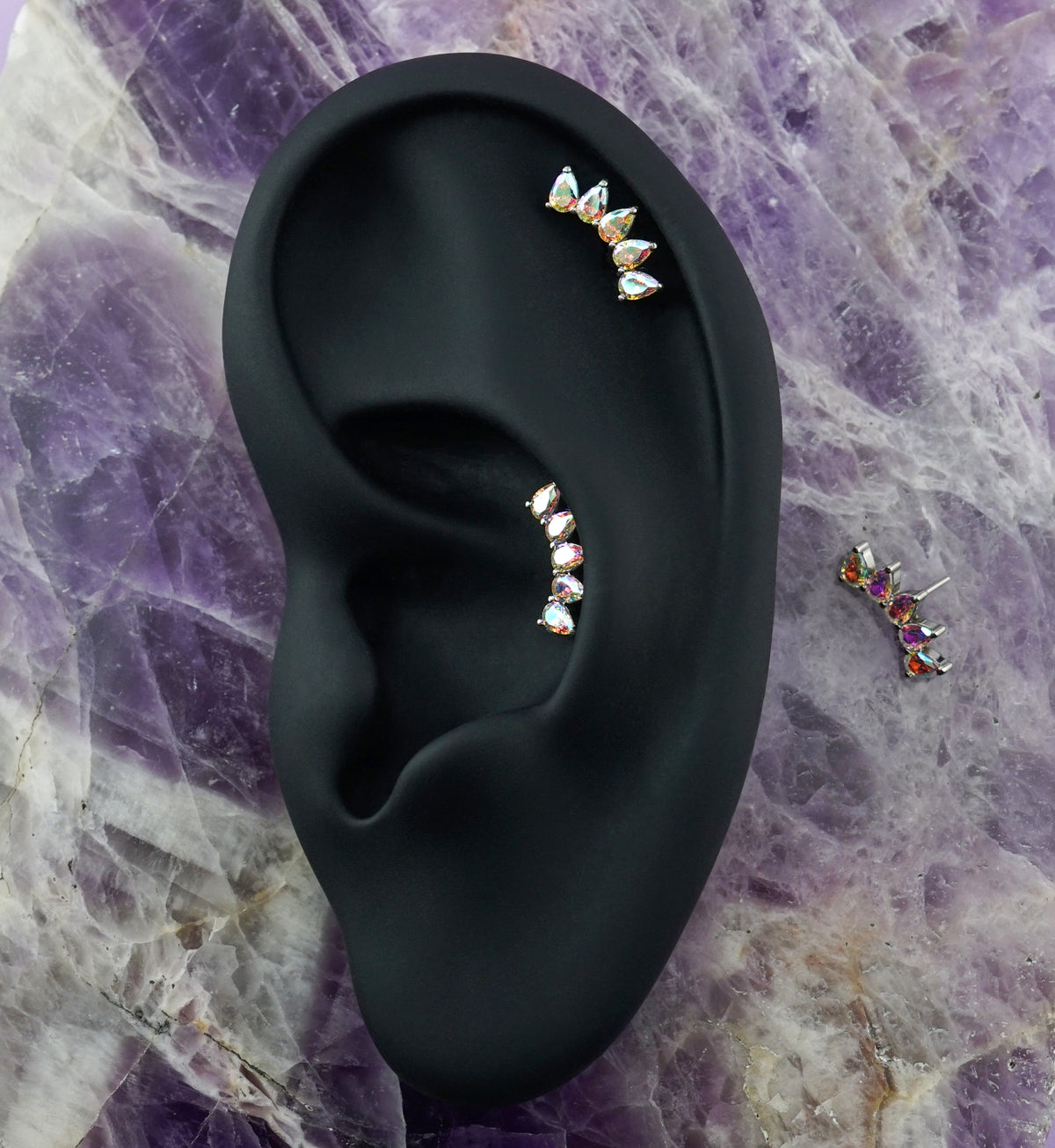 Teardrop Arch Rainbow Aurora CZ Titanium Threadless Top