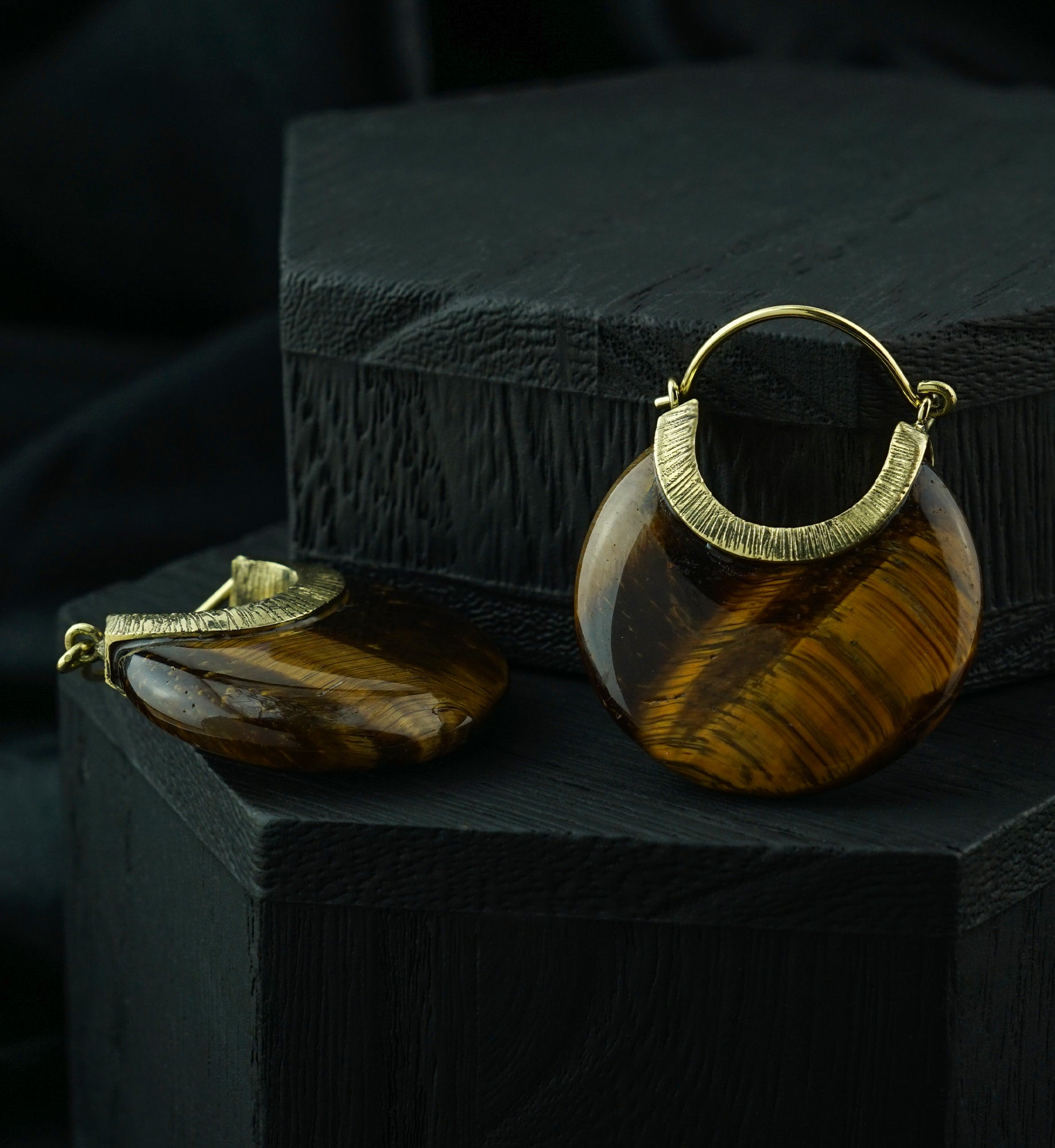 Tiger Eye Textured Brass Stone Earrings