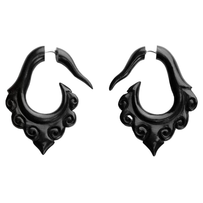 Black Tribal Shanti Fake Gauges Horn Earrings