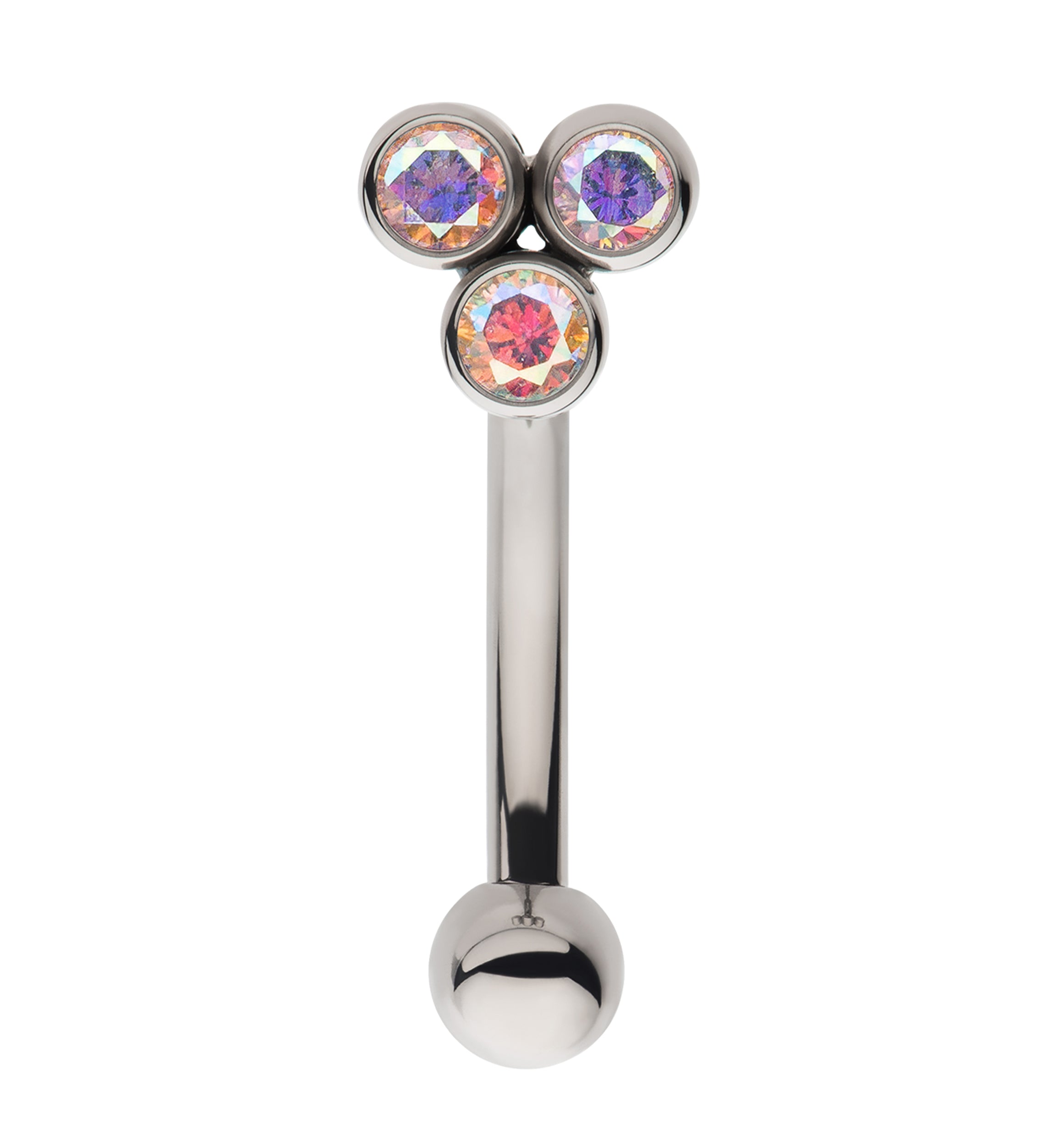 Trine Bezel Rainbow Aurora CZ Internally Threaded Titanium Curved Barbell