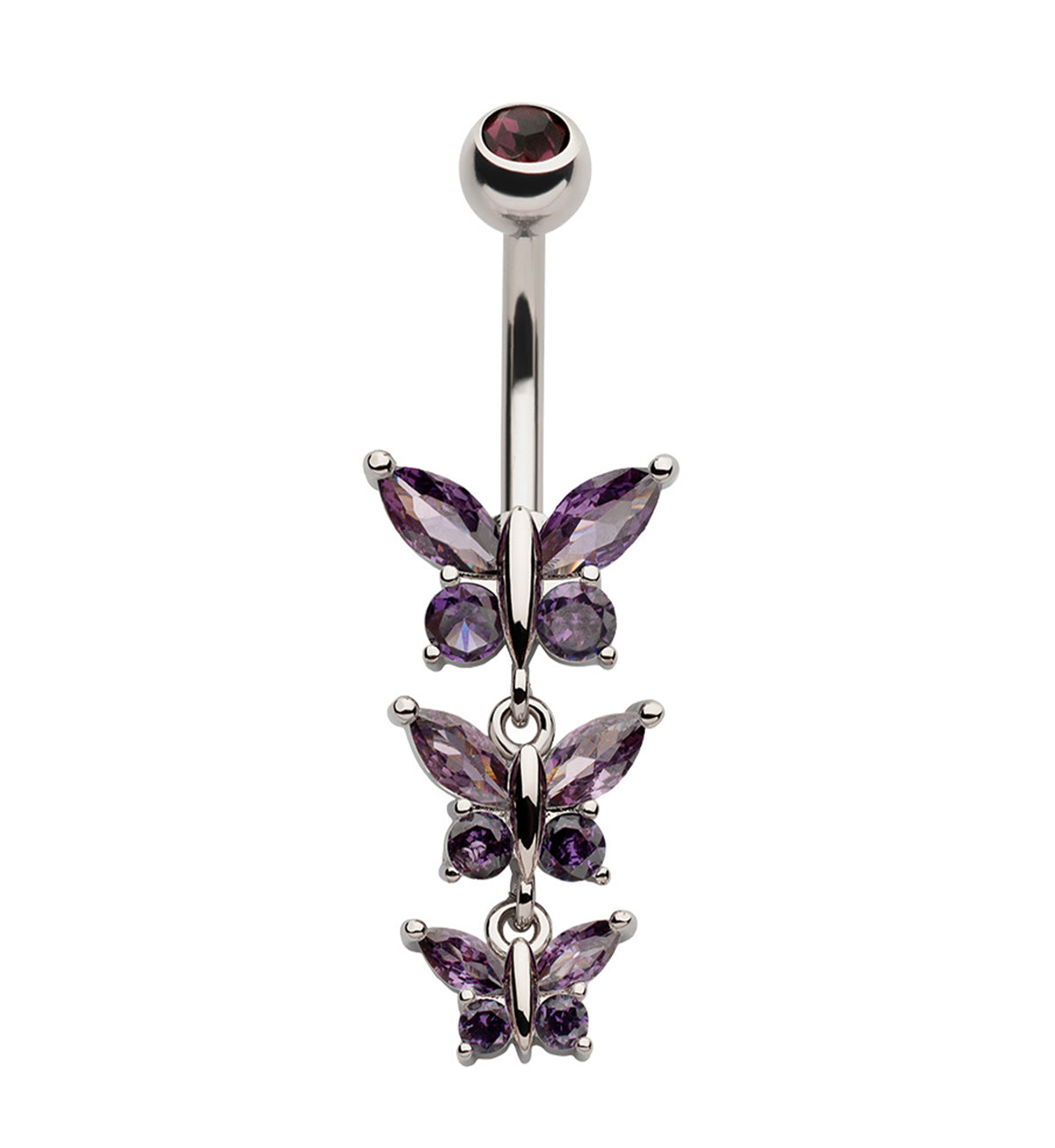 Triple Butterfly Amethyst CZ Dangle Stainless Steel Externally Threaded Belly Button Ring
