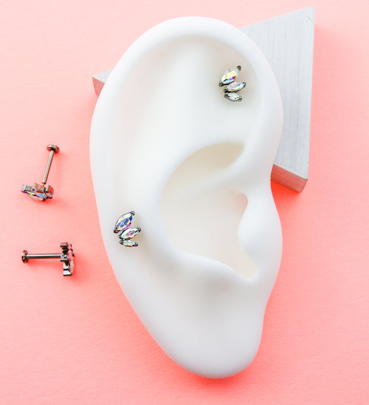 Triple Marquise Rainbow Aurora CZ Titanium Threadless Labret