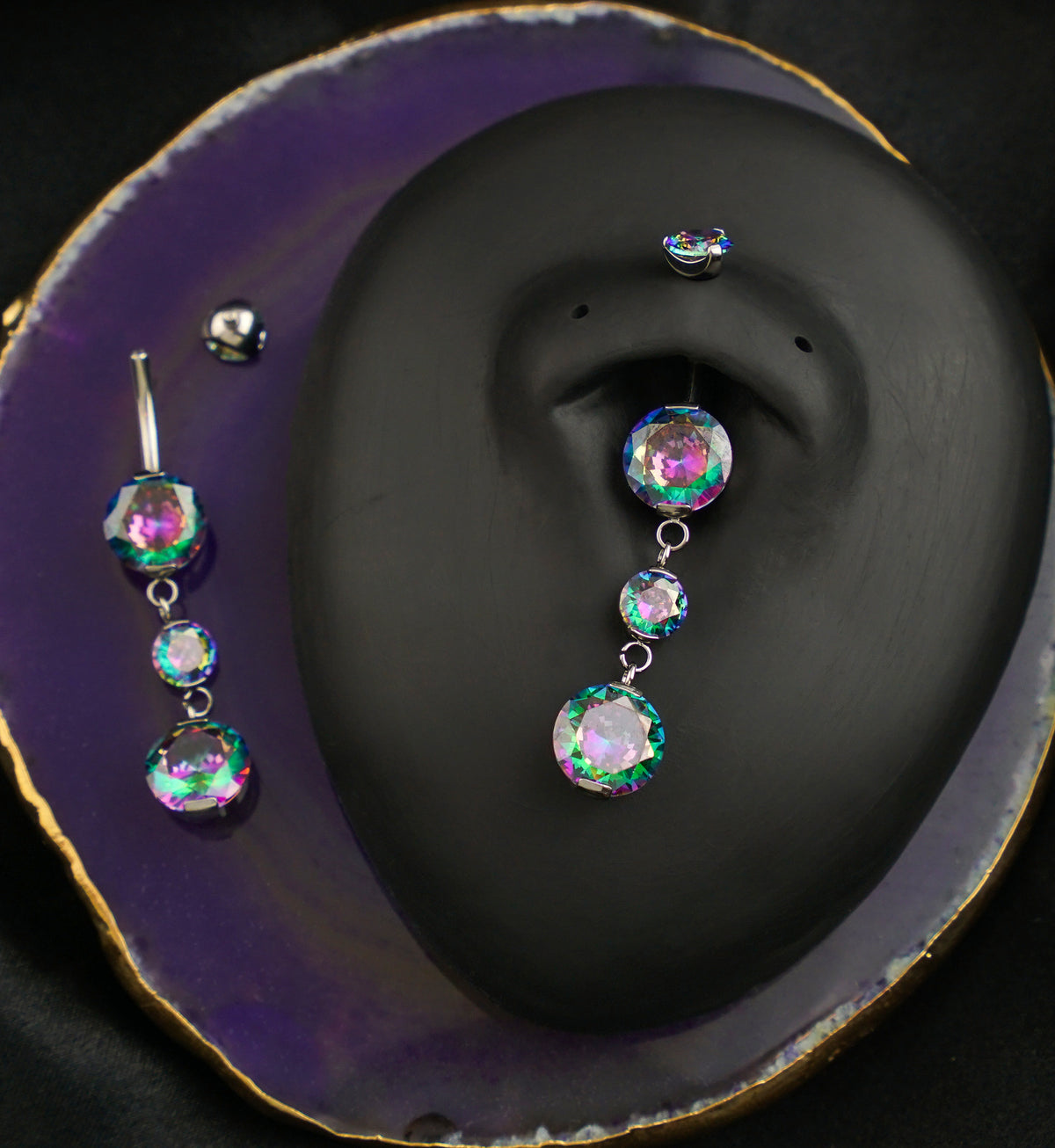 Triple Prong Black Aurora CZ Dangle Titanium Internally Threaded Belly Button Ring