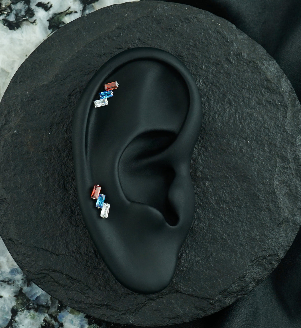 Triple Slant Blue and Garnet CZ Titanium Threadless Top