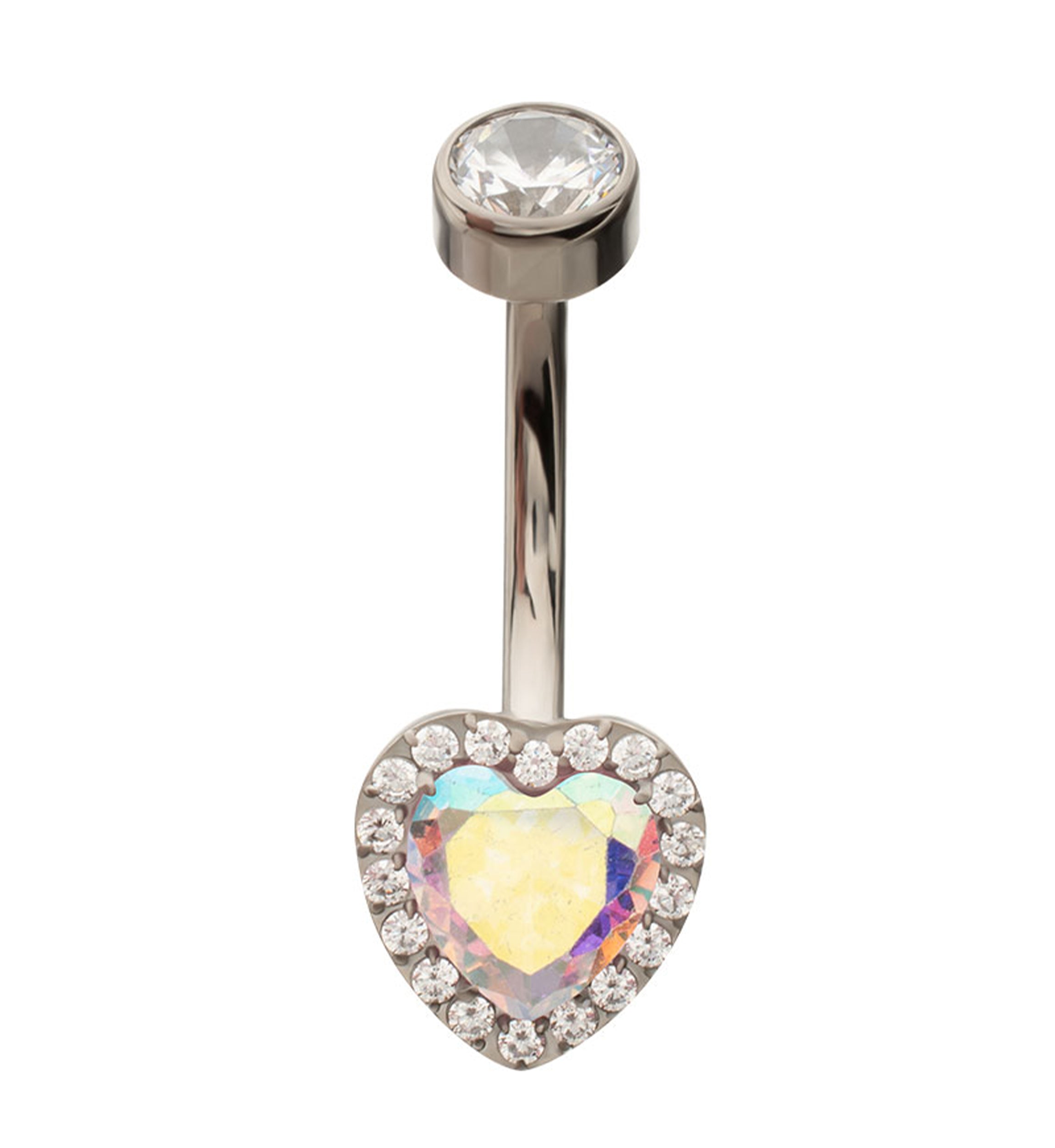 Valentine Heart Rainbow Aurora CZ Titanium Internally Threaded Belly Button Ring