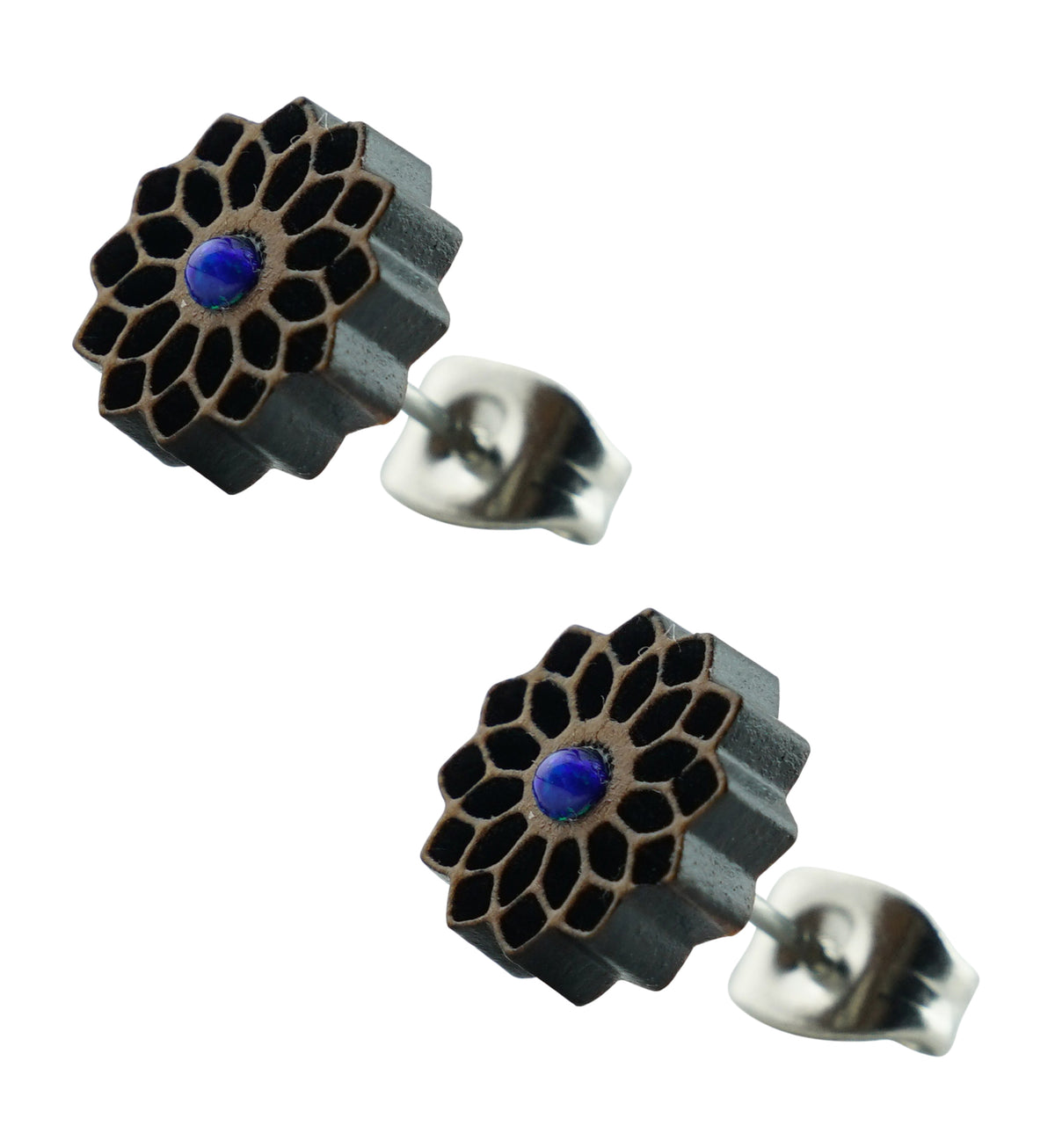Wooden Dahlia with Blue Opalite Stainless Steel Stud Earrings