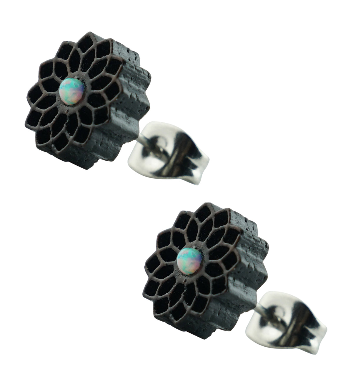 Wooden Dahlia with White Opalite Stainless Steel Stud Earrings