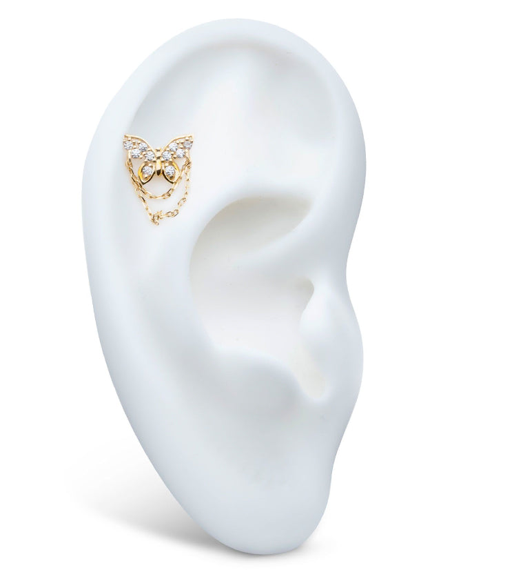 14kt Gold Butterfly Clear CZ Dangle Chain Threadless Top