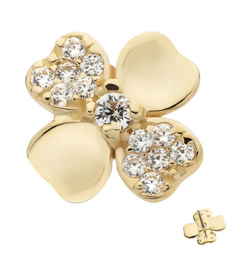 14kt Gold Four Leaf Clover Alternate Pave Clear CZ Threadless Top