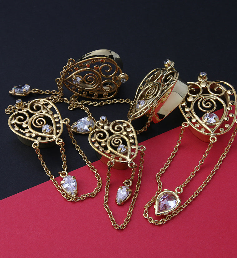 18kt Gold PVD Filigree Teardrop Tunnel Plugs With Chains