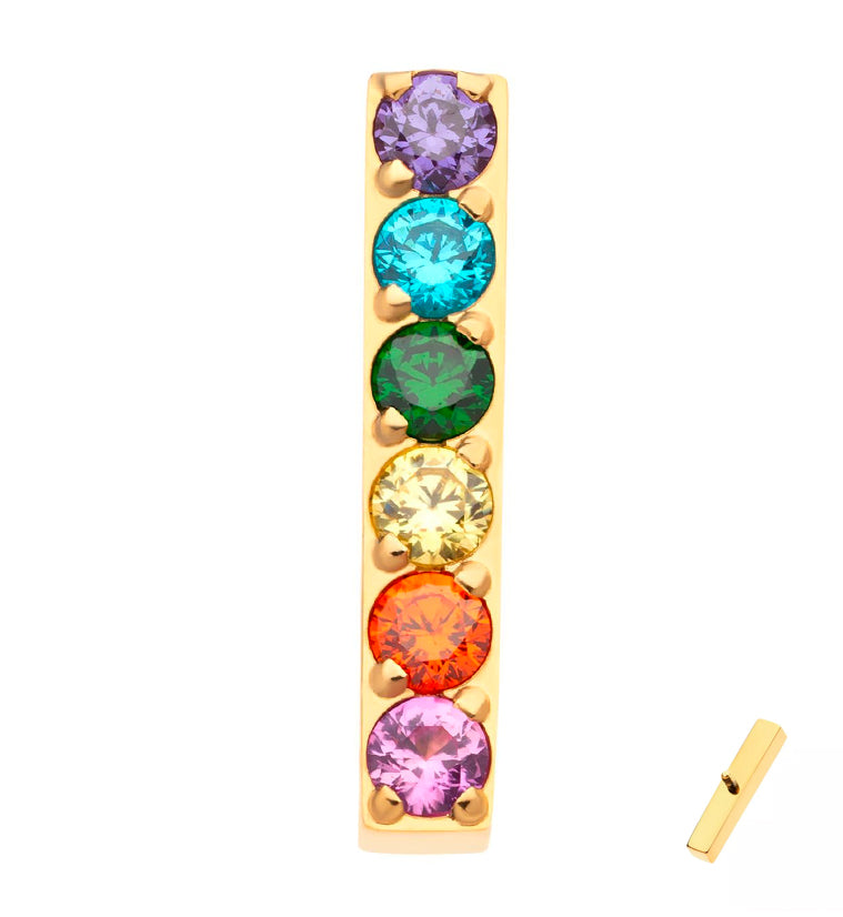 24kt Gold PVD Rainbow CZ Bar Internally Threaded Titanium Top