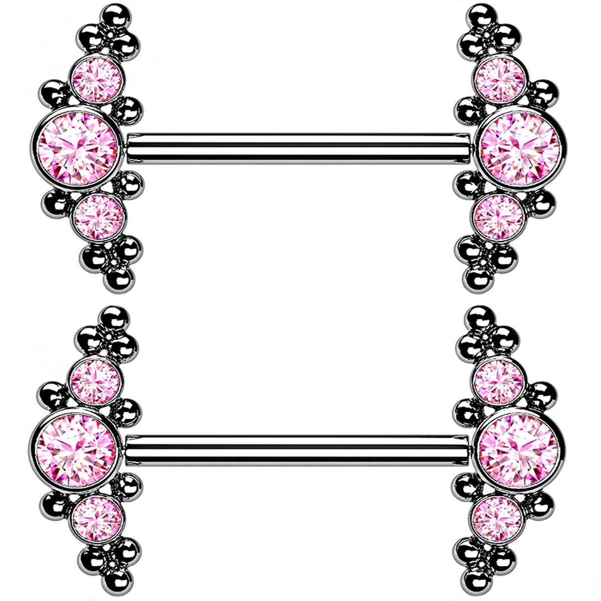 14G Beaded Pink CZ Titanium Threadless Nipple Ring Barbells