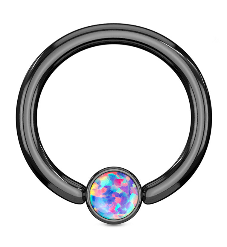 Black PVD Purple Opalite Flat Disk Captive Ring by Urban Body Jewelry