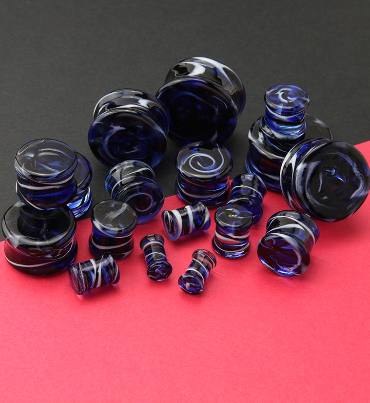 Blue and White Haze Swirl Glass Plugs