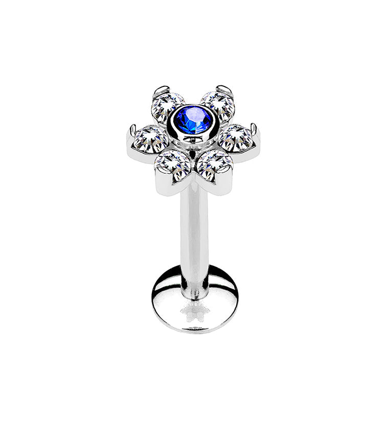 16G Blue & Clear Flower Internally Threaded Flatback Post