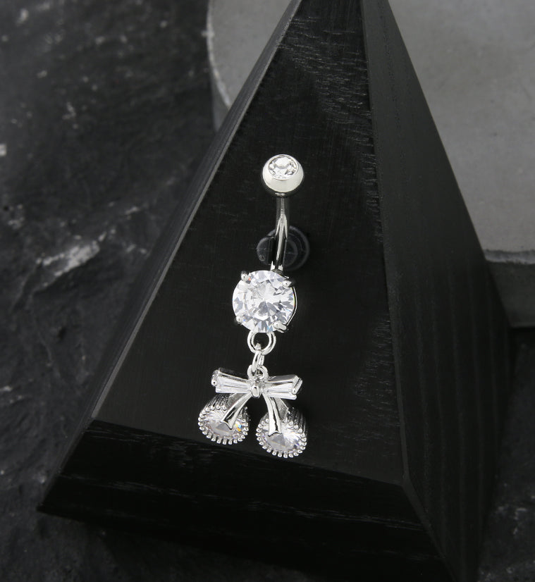 Cherry Bow CZ Dangle Stainless Steel Belly Button Ring