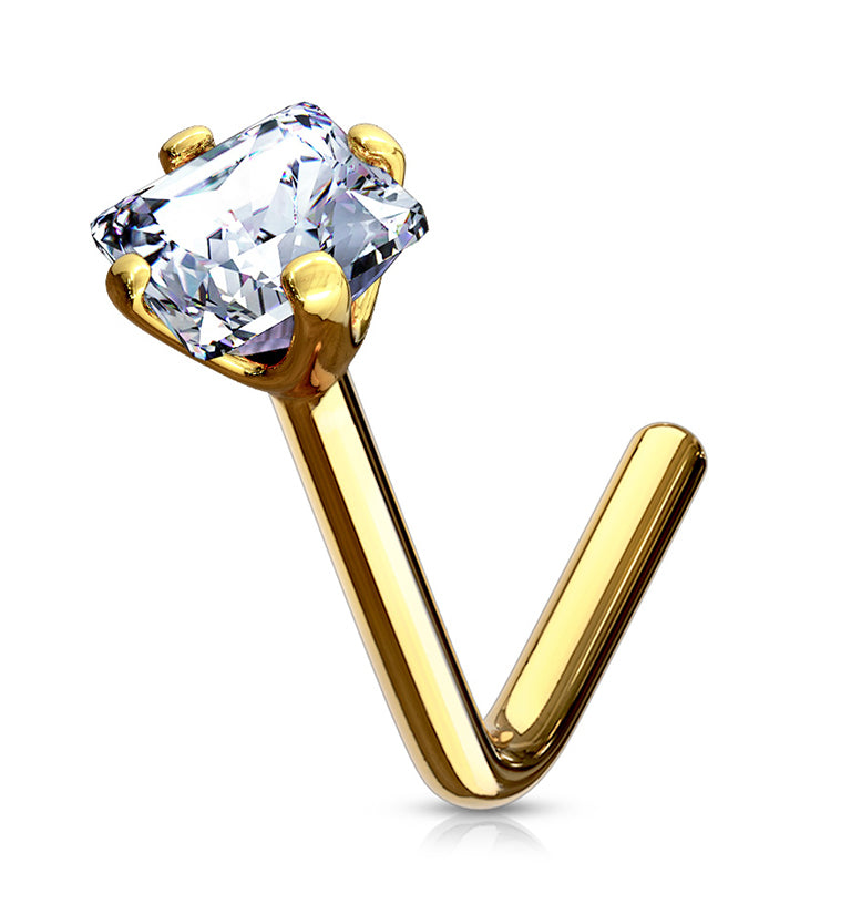 20G Clear Square CZ 14kt Gold L Shaped Nose Ring