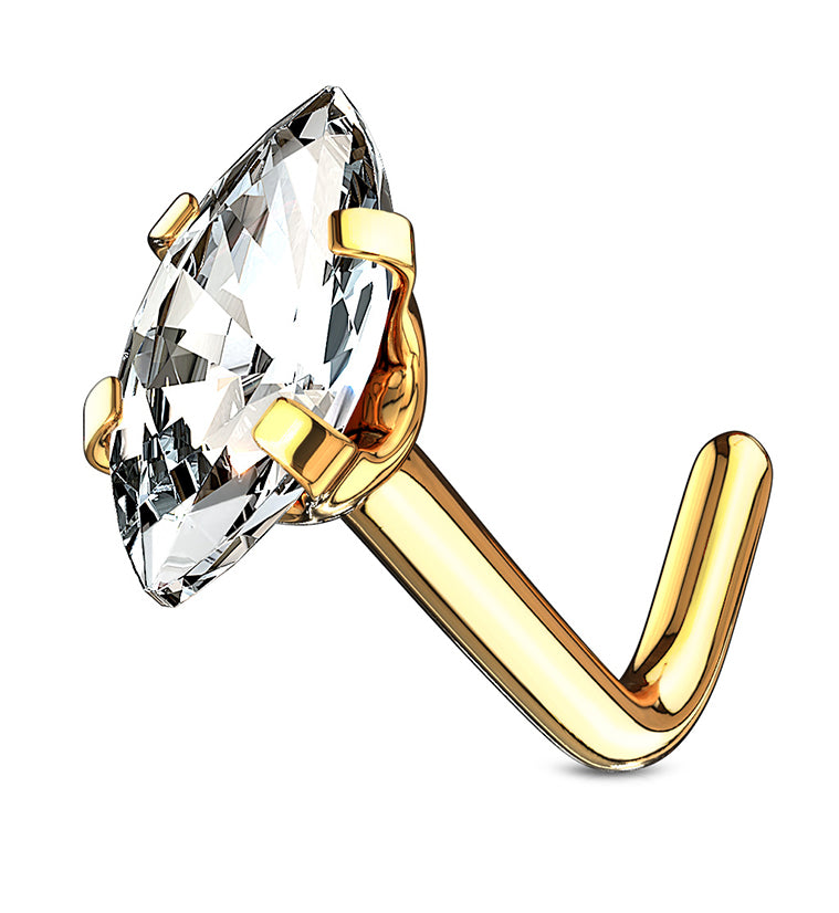 20G Gold PVD Oval CZ Stainless Steel L Shaped Nose Ring