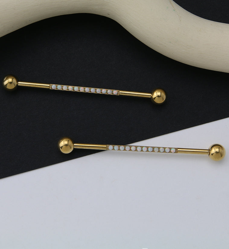 Gold PVD Center Line White Opalite Titanium Industrial Barbell