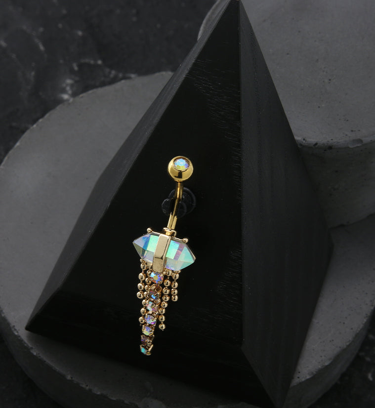 Gold PVD Rainbow Aurora Crystal Bead Chain Stainless Steel Belly Button Ring