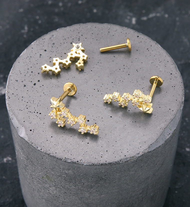 Gold PVD Scorpio Constellation Clear CZ Stainless Steel Internally Threaded Labret