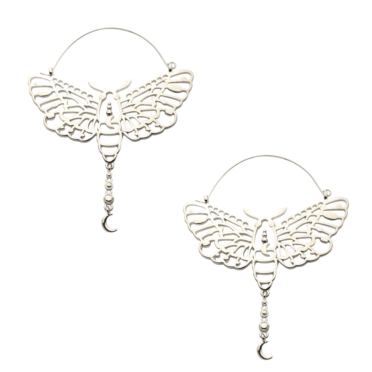Luna Moth Dangle Moon Stainless Steel Plug Hoops